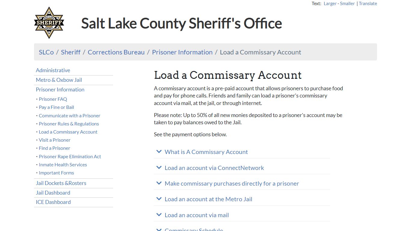 Load a Commissary Account - Sheriff | SLCo - Salt Lake County, Utah